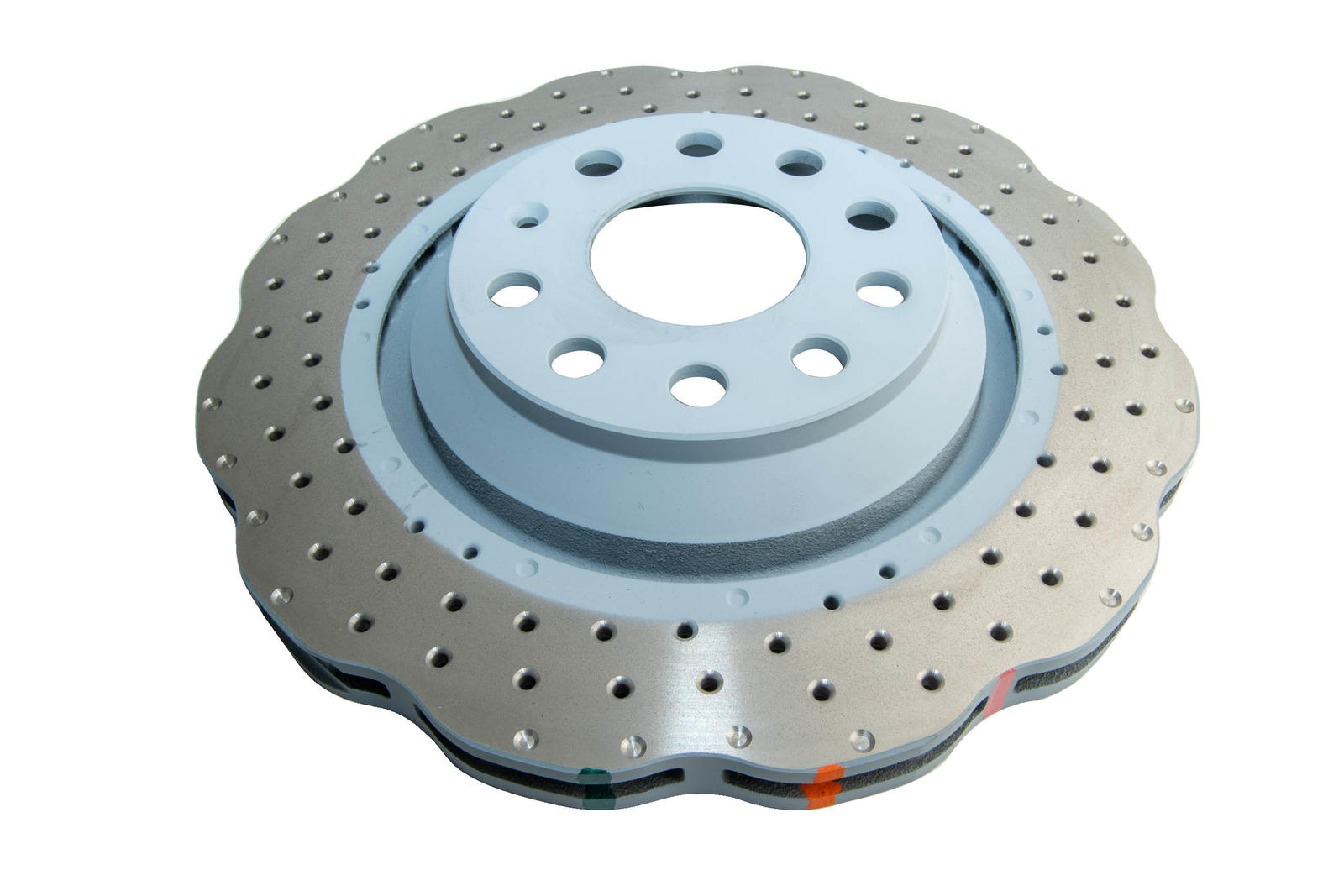 4000 Cross-Drilled, Dimpled Wave Disc Silver Paint KP Brake Disc to suit VW Golf R32, Jetta, Tiguan & Skoda