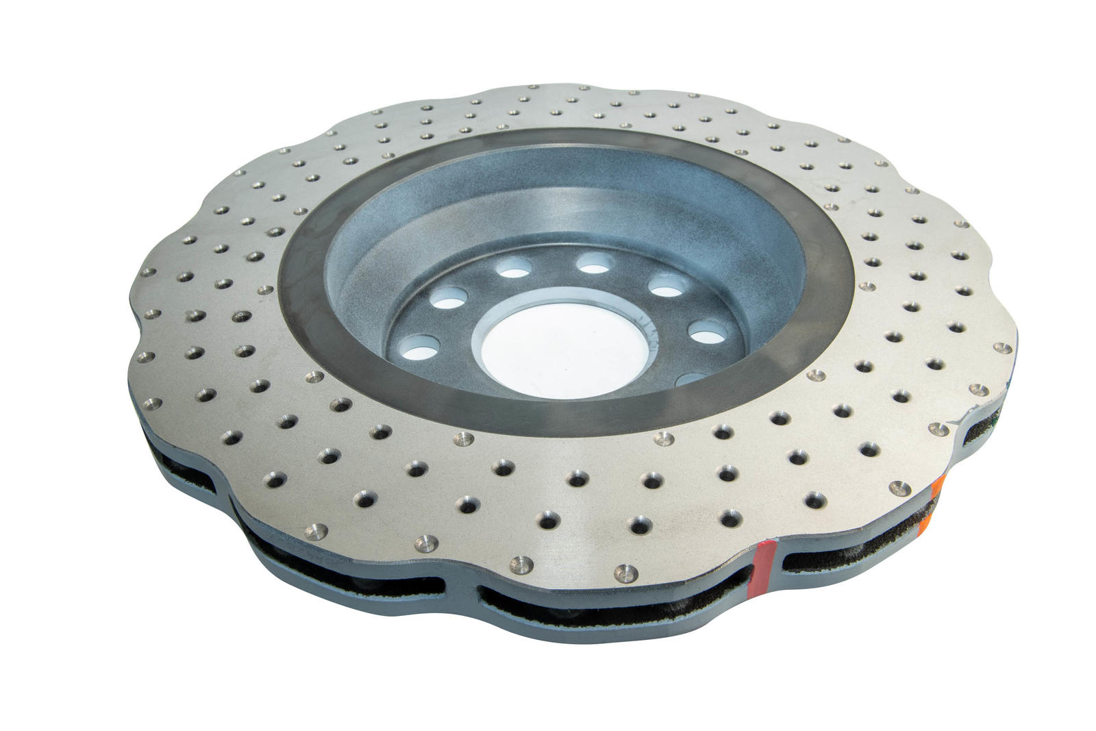 4000 Cross-Drilled, Dimpled Wave Disc Silver Paint KP Brake Disc to suit VW Golf R32, Jetta, Tiguan & Skoda