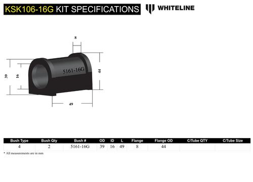 Go to Rear Sway Bar Mount - Bushing Kit 16mm to Suit Whiteline Sway Bars