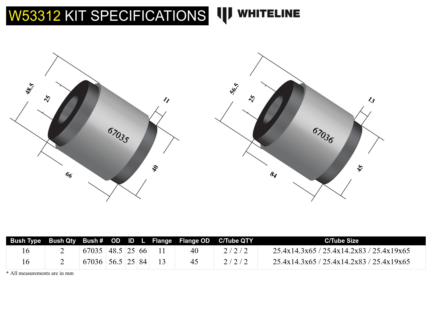Whiteline W53312 Front Lower Control Arm Bushing Kit Compatible with 2005-2015 Tacoma Base; 2015 Tacoma TRD Pro | Improved Handling | Elastomer Bushings