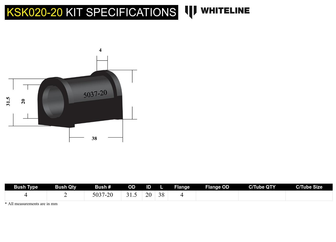 Rear Anti Roll Bar Mount - Bushing Kit 20mm to Suit Whiteline Anti Roll Bars