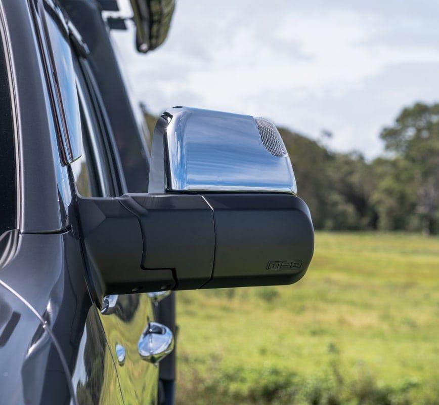 MSA Chrome Towing Mirror to suit Toyota LandCruiser 70-79 Series 1984-09/2023 - Electric Kit, Big Base, Indicators, Power Fold, Switch Kit Included