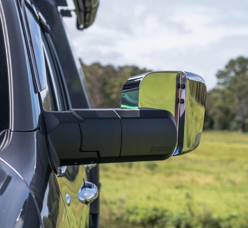 MSA Chrome Towing Mirror to suit Toyota LandCruiser 70-79 Series 1984-09/2023 - Electric Kit, Big Base, Indicators, Power Fold, Switch Kit Included