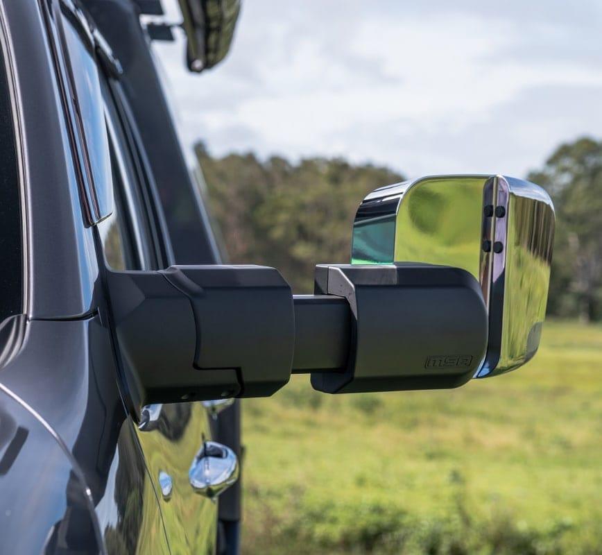 MSA Chrome Towing Mirror to suit Toyota LandCruiser 70-79 Series 1984-09/2023 - Electric Kit, Big Base, Indicators, Power Fold, Switch Kit Included