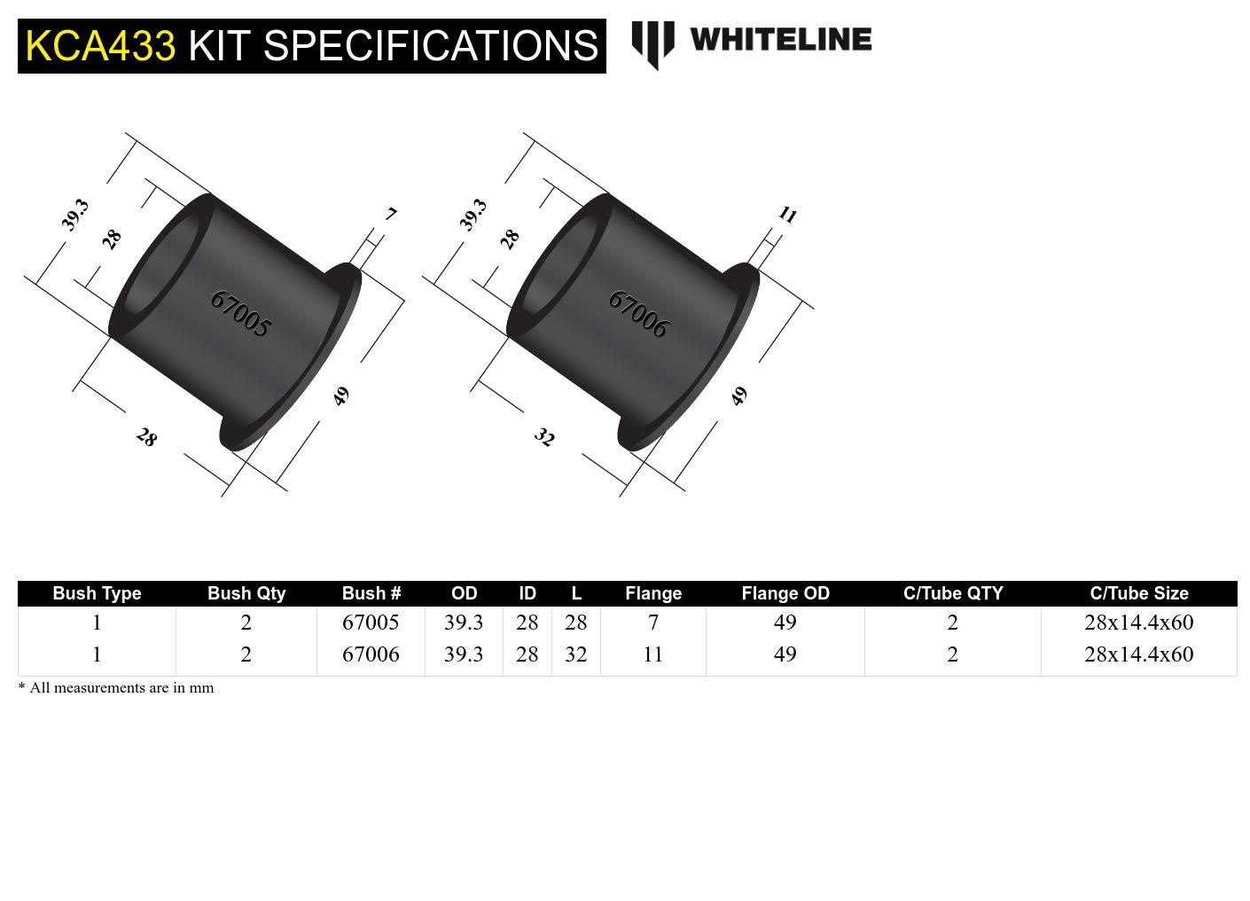 Whiteline KCA433 Front Alignment Caster / Camber Kit; fits Ford Mustang 05-10