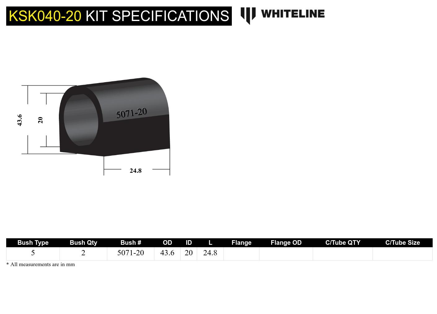 Front Anti Roll Bar Mount - Bushing Kit 20mm to Suit Whiteline Anti Roll Bars