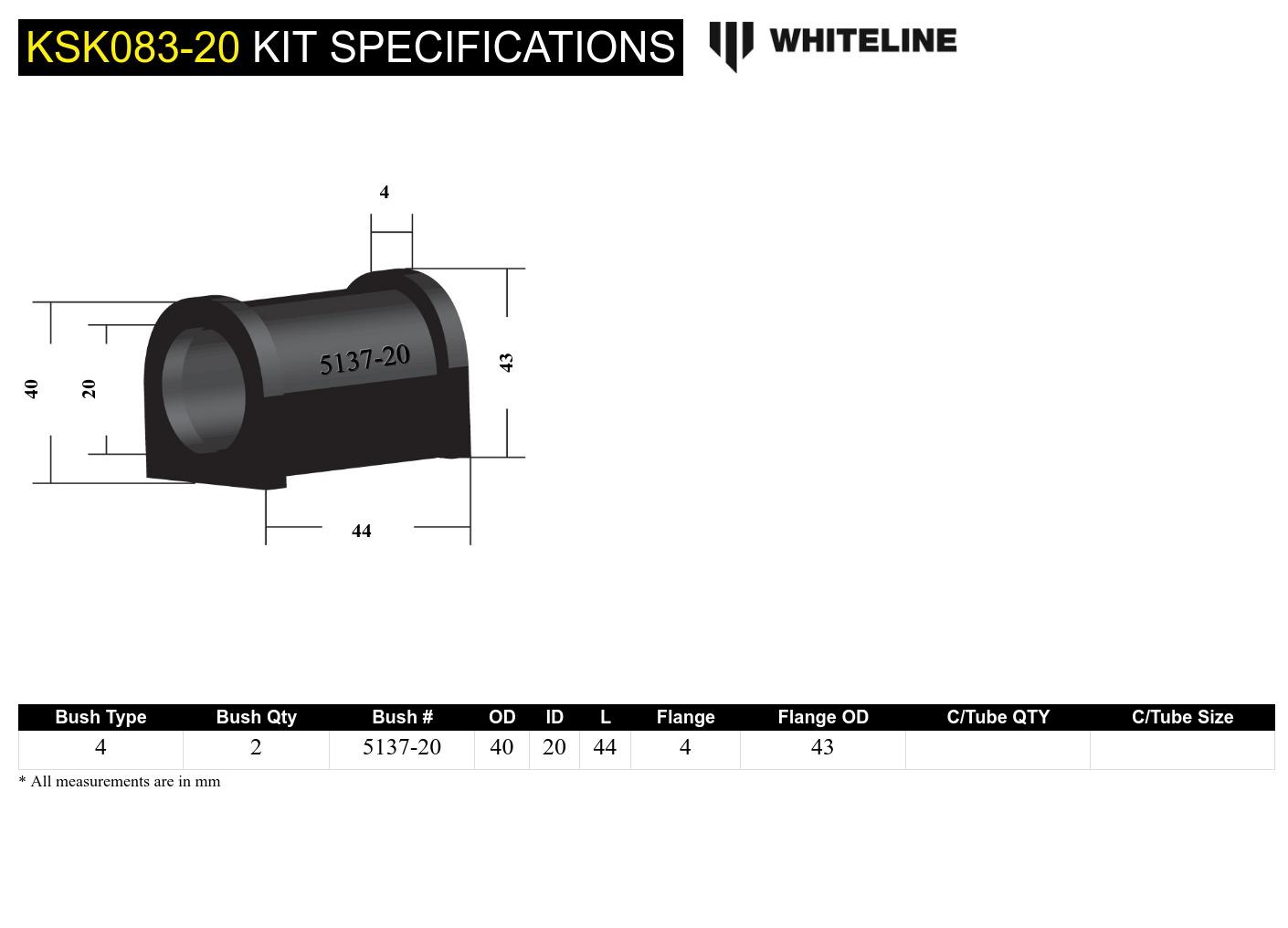 Rear Anti Roll Bar Mount - Bushing Kit 20mm to Suit Whiteline Anti Roll Bars