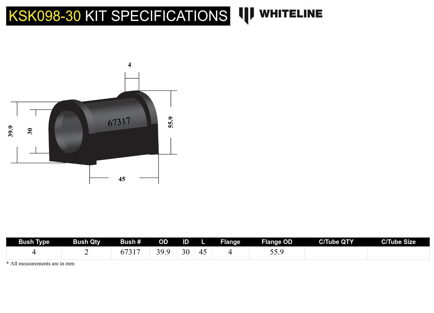 Front Anti Roll Bar Mount - Bushing Kit 30mm to Suit Whiteline Anti Roll Bars