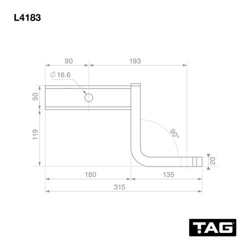 Go to TAG Tow Ball Mount - 193mm Long, 90° Face, 50mm Square Hitch