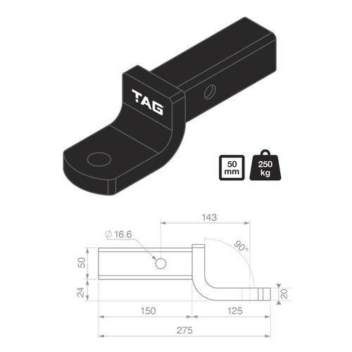 Go to TAG Tow Ball Mount - 143mm Long, 90 Degree Face, 50mm Square Hitch