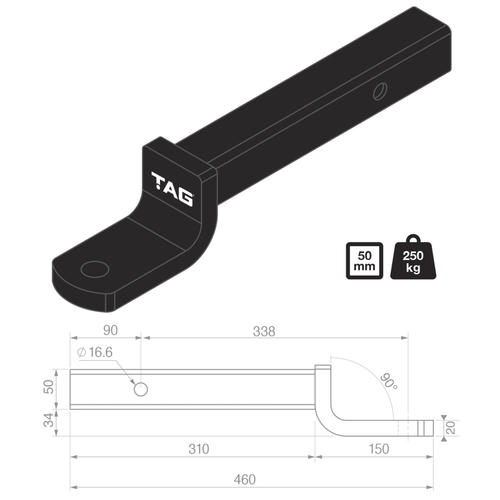 Go to TAG Tow Ball Mount - 338mm Long, 90°Face, 50mm Square Hitch