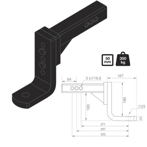 Go to TAG Adjustable Tow Ball Mount - 297mm Long, 90° Face, 50mm Square Hitch