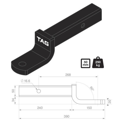 Go to TAG Tow Ball Mount - 268mm Long, 90° Face, 50mm Square Hitch