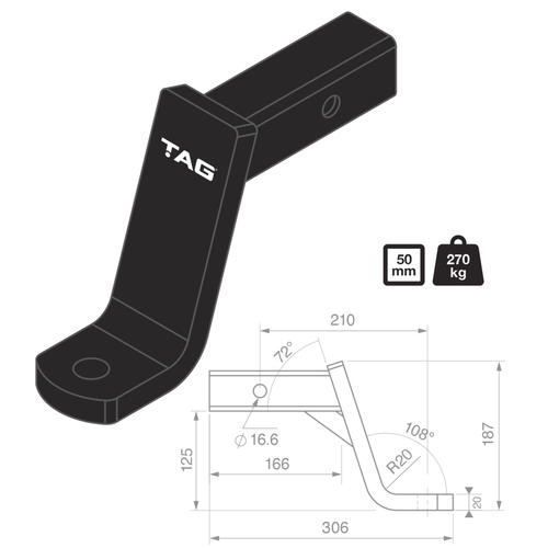 Go to TAG Tow Ball Mount - 210mm Long, 108° Face, 50mm Square Hitch