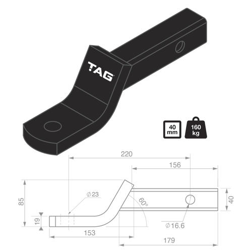 Go to TAG Tow Ball Mount - 220mm Long, 135° Face, 40mm Square Hitch
