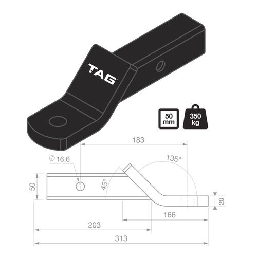 Go to TAG Tow Ball Mount - 183mm Long, 135° Face, 50mm Square Hitch