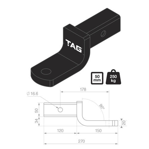 Go to TAG Tow Ball Mount - 178mm Long, 90° Tongue Face, 50mm Square Hitch