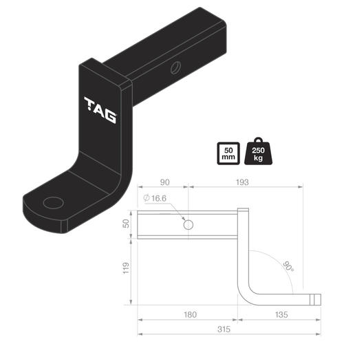 Go to TAG Tow Ball Mount - 193mm Long, 90° Face, 50mm Square Hitch