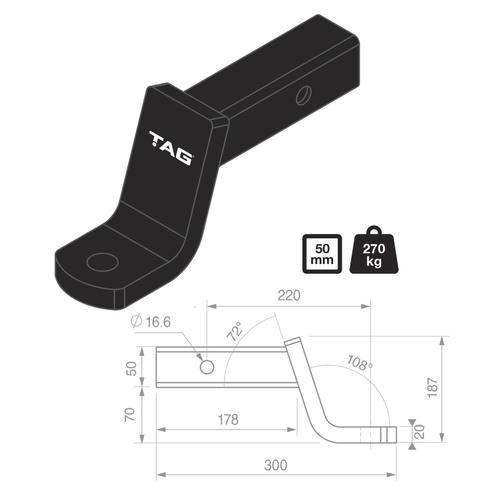 Go to TAG Tow Ball Mount - 220mm Long, 108° Face, 50mm Square Hitch