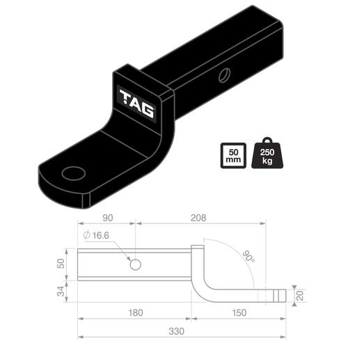 Go to TAG Tow Ball Mount - 208mm Long, 90° Face, 50mm Square Hitch