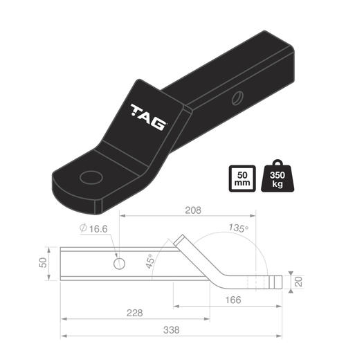 Go to TAG Tow Ball Mount - 208mm Long, 135° Face, 50mm Square Hitch