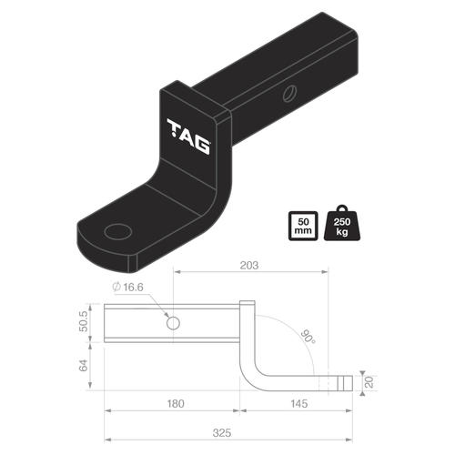 Go to TAG Tow Ball Mount - 203mm Long, 90° Face, 50mm Square Hitch