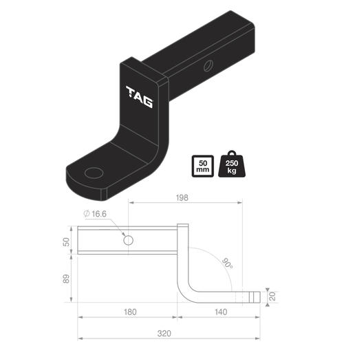 Go to TAG Tow Ball Mount - 198mm Long, 90° Face, 50mm Square Hitch