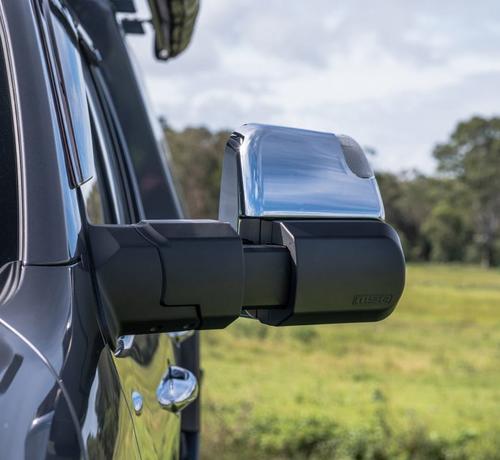 Go to MSA Chrome Towing Mirror to suit Toyota LandCruiser 70-79 Series 1984-09/2023 - Electric Kit, Big Base, Indicators, Power Fold, Switch Kit Included