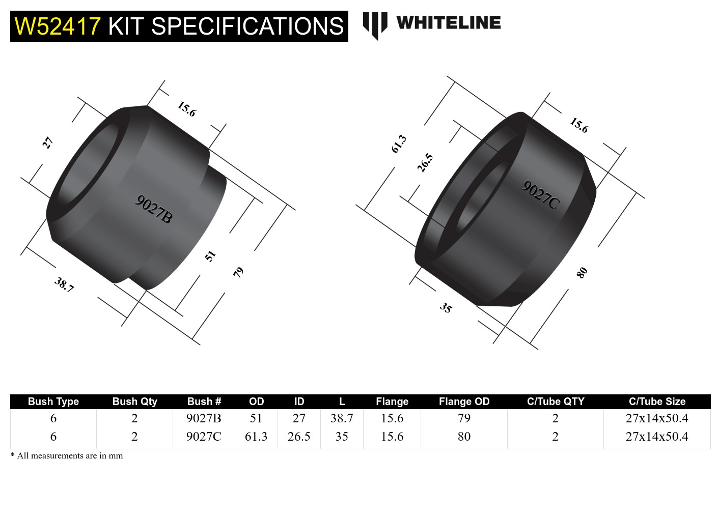Front Lower Control Arm - Inner Rear Bushing Double Offset Kit to Suit Toyota Camry, Avalon and Holden Apollo